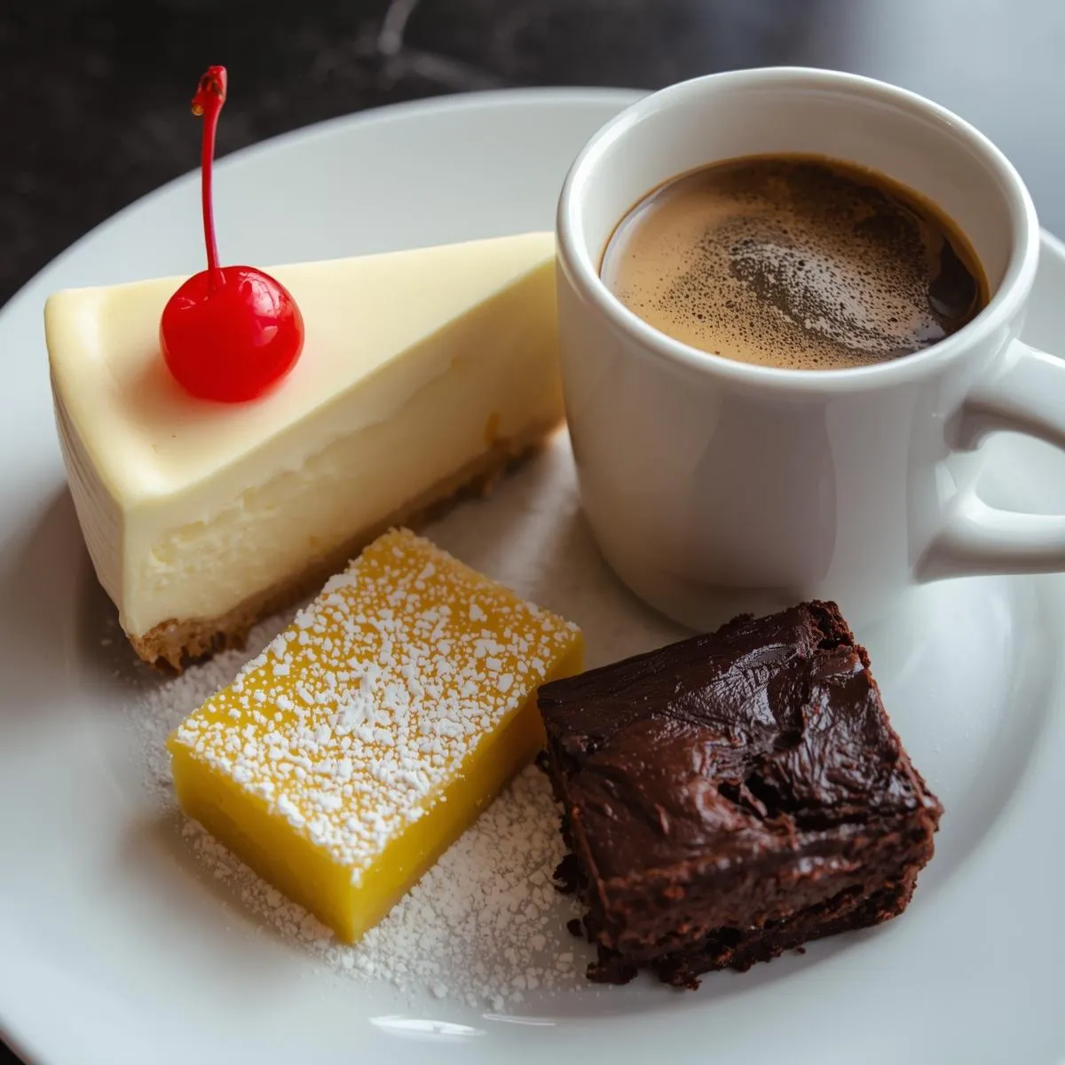 A plate with a slice of cheesecake, a lemon bar, and a brownie served together with coffee