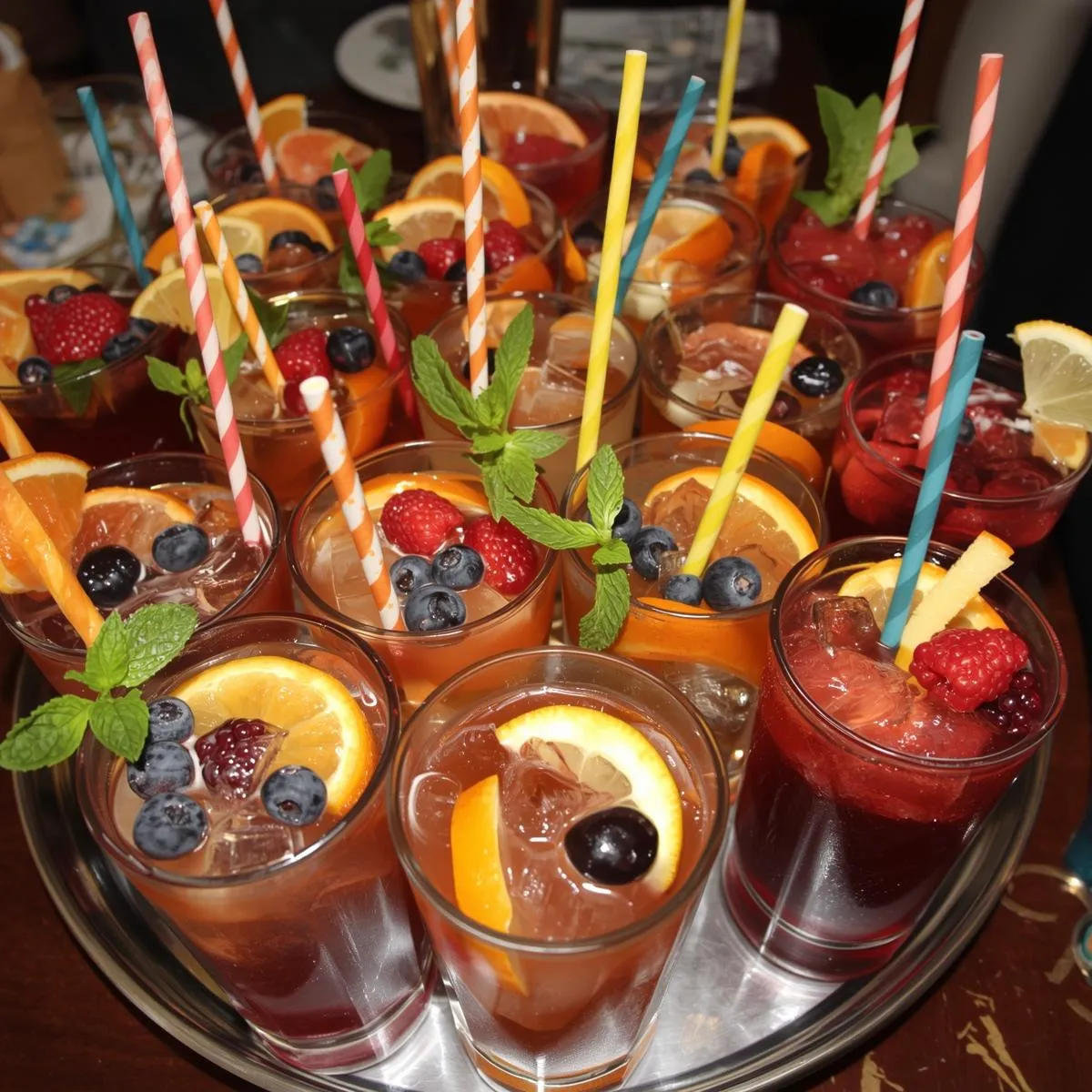fancy non-alcoholic drinks served at a party with fruit garnishes and straws.