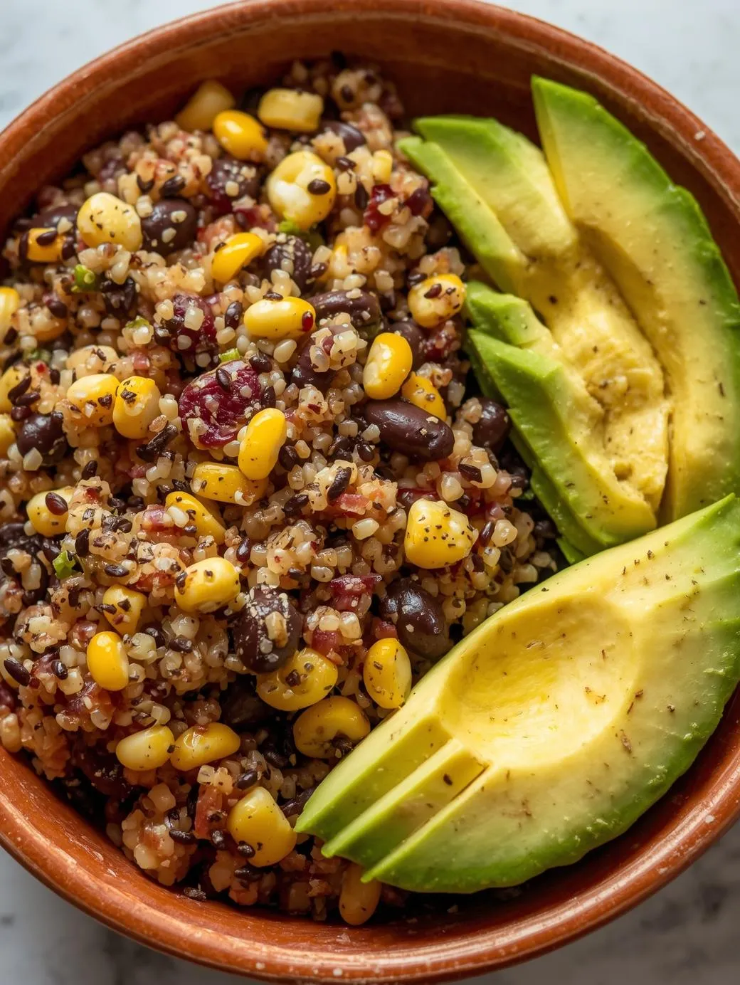 A colorful high fiber quinoa salad with black beans, corn, and avocado in a rustic bowl
