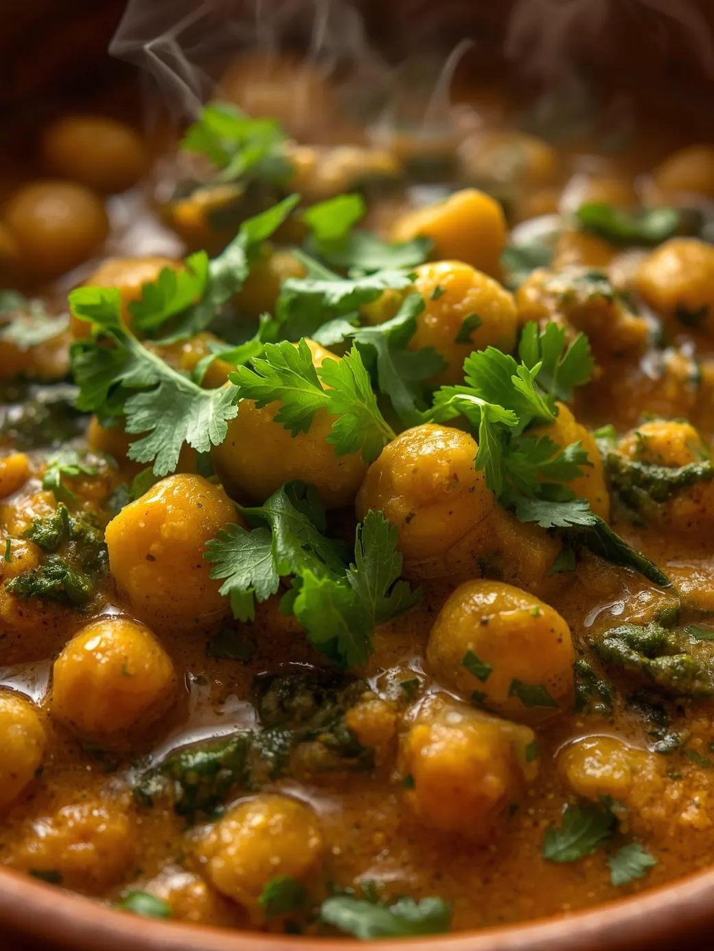 A steaming bowl of chickpea and spinach curry topped with fresh cilantro