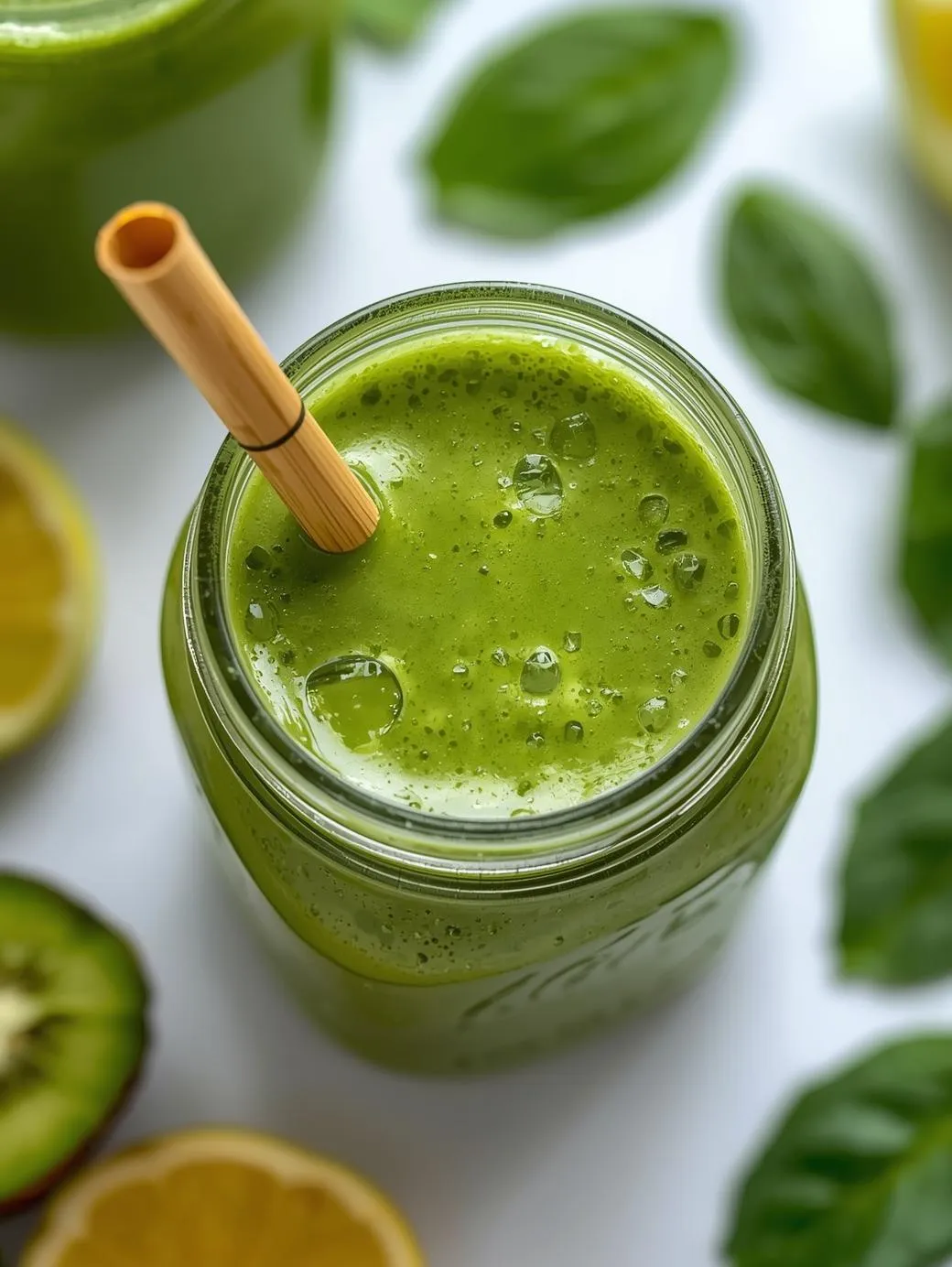 A green high fiber smoothie in a glass jar with a bamboo straw