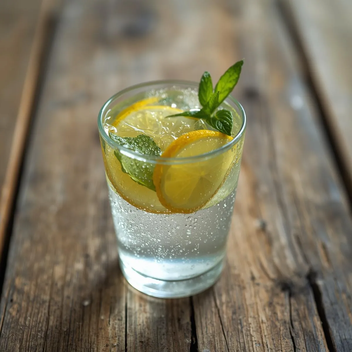 A glass of lemon water with fresh slices and mint on a wooden table