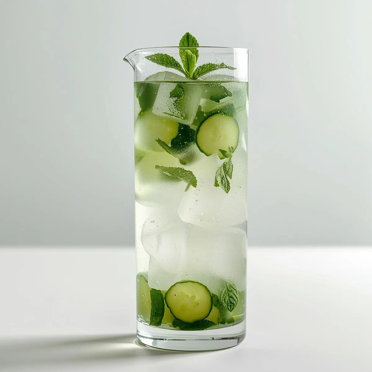 A pitcher of cucumber and mint detox water with ice cubes