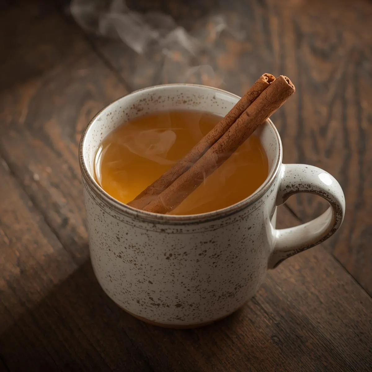 A warm mug of honey and cinnamon tea with a cinnamon stick