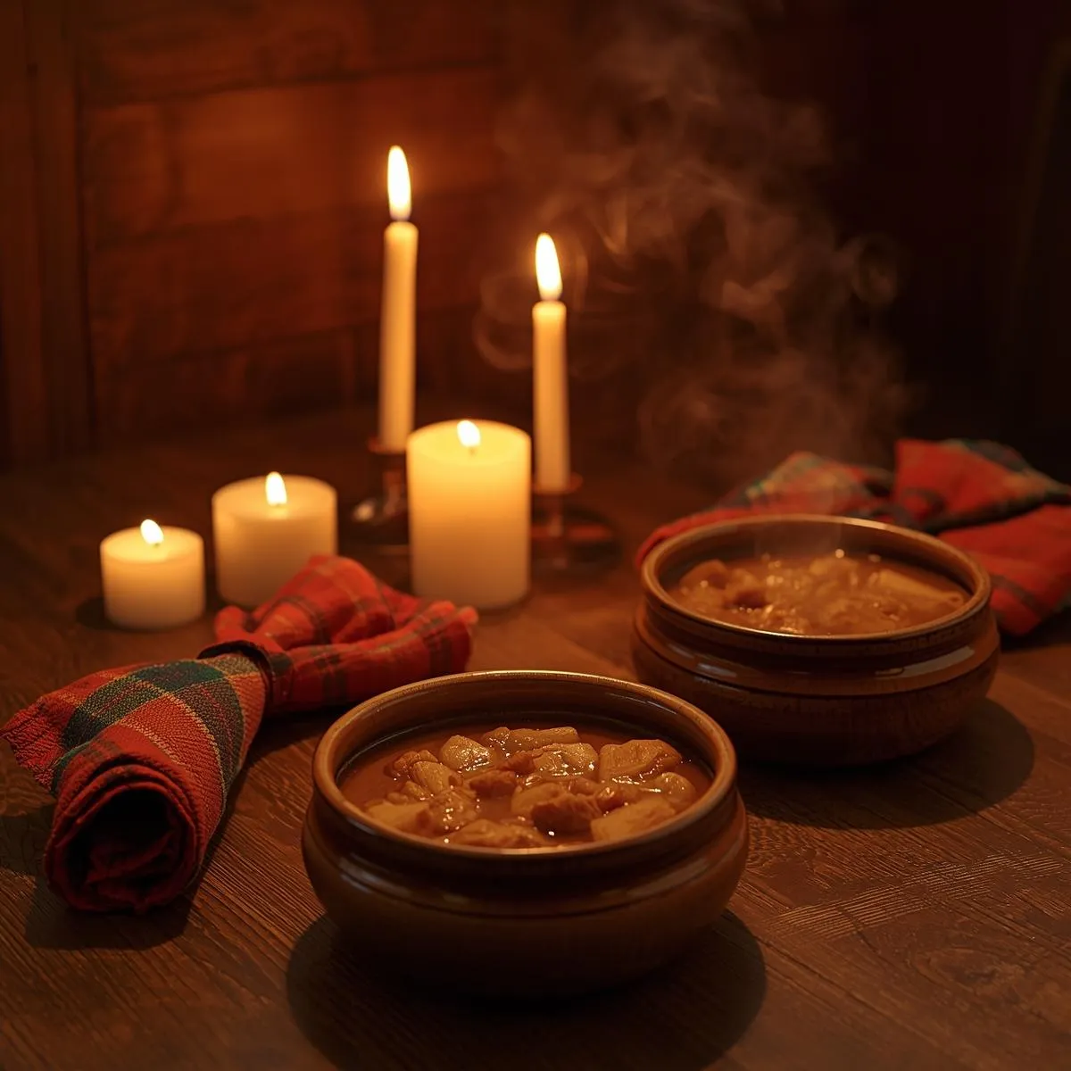 A cozy dining scene with lit candles, plaid napkins, and steaming bowls of stew ready to serve