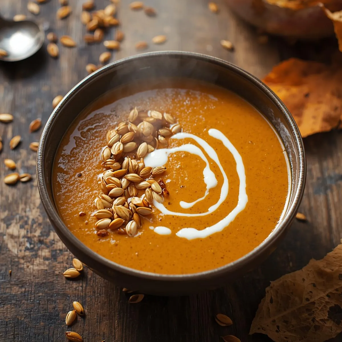 A steaming bowl of creamy pumpkin soup garnished with roasted pumpkin seeds and a swirl of cream, served on a rustic fall table