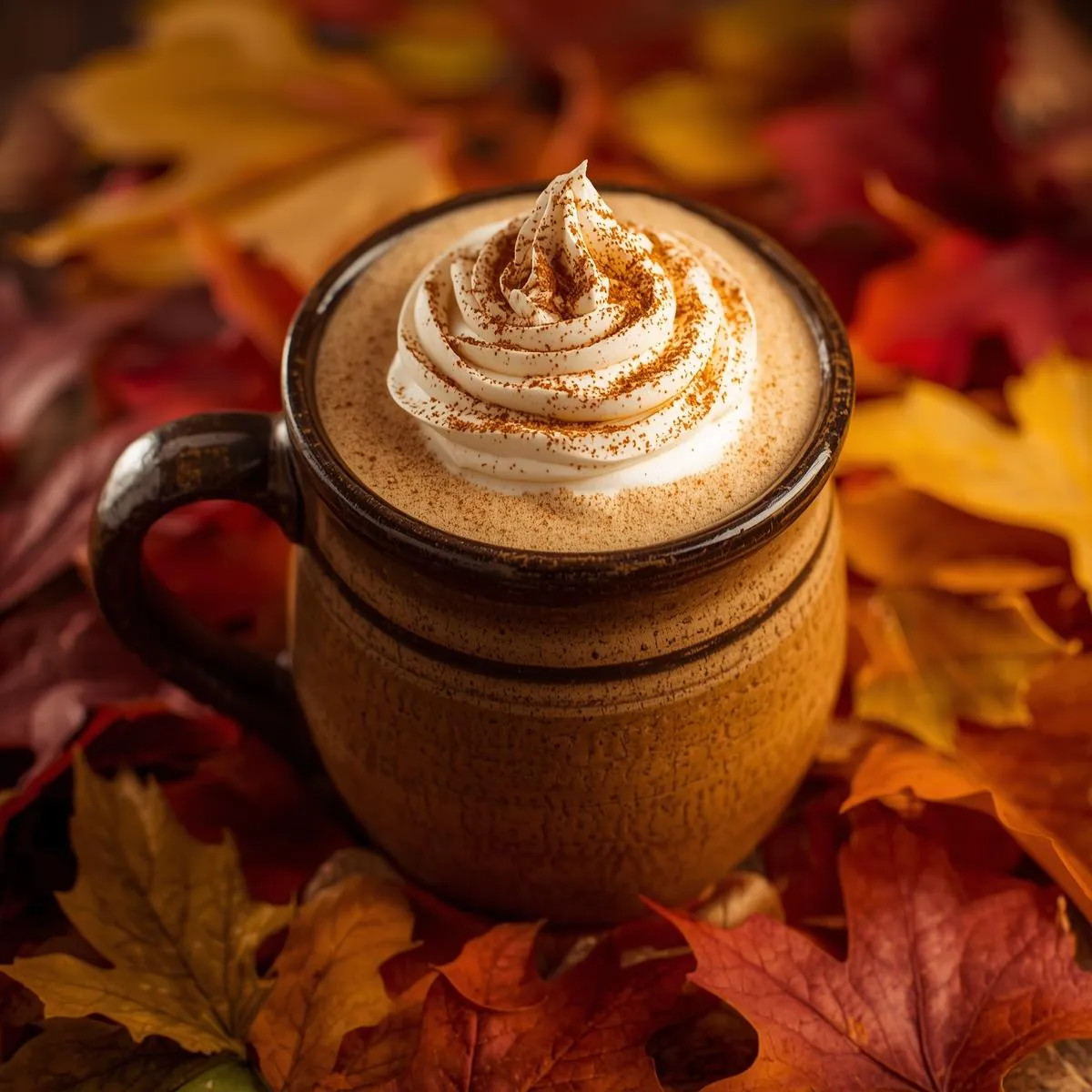 A rustic mug of pumpkin spice latte with whipped cream and cinnamon, surrounded by autumn leaves