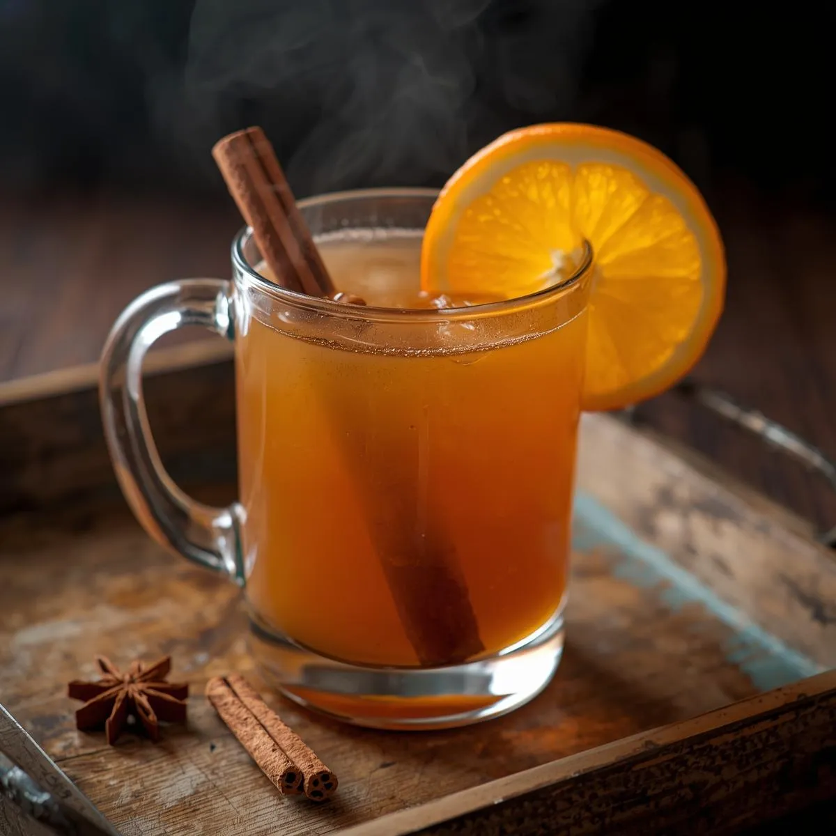A glass mug of warm spiced apple cider with a cinnamon stick and orange slice garnish on a rustic tray