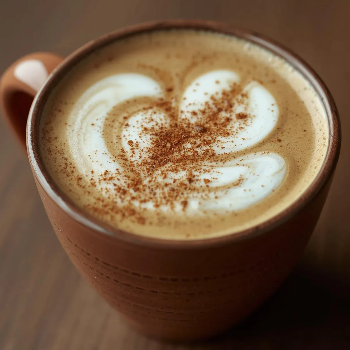 A cozy mug of maple cinnamon latte with foam art and a dusting of cinnamon on top