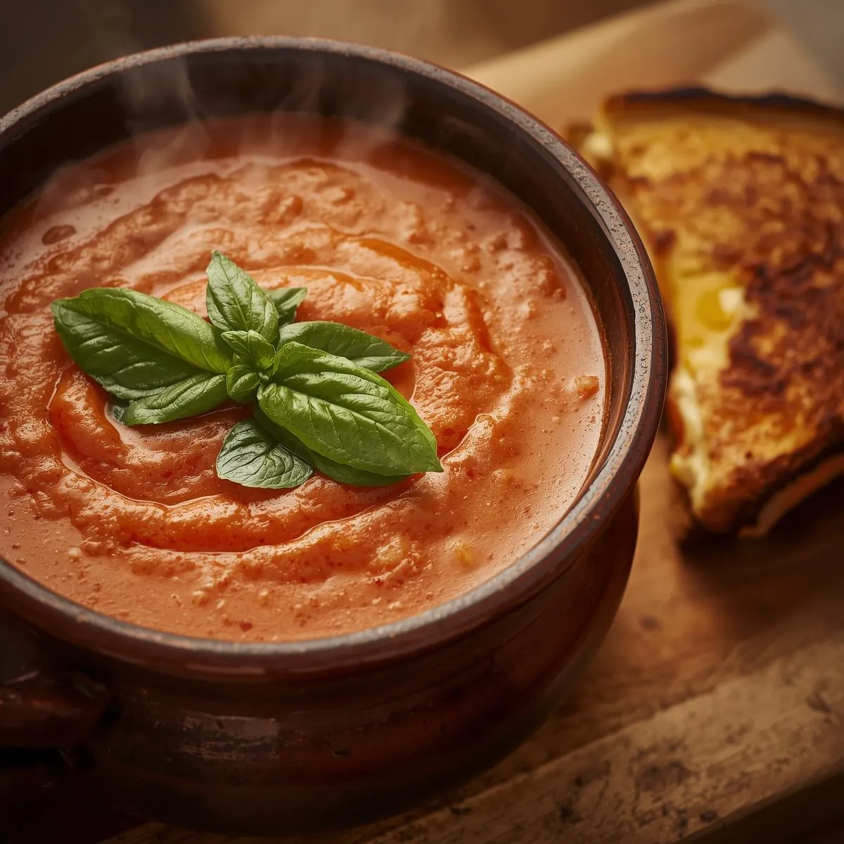 A steaming bowl of creamy tomato basil soup paired with a golden-brown grilled cheese sandwich