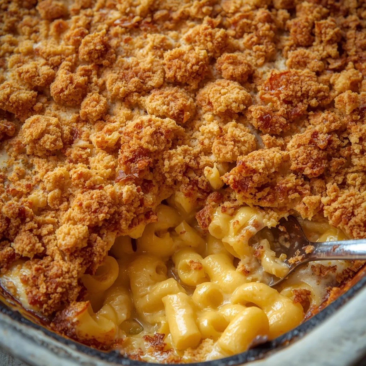 A bubbling casserole dish of baked mac and cheese with golden breadcrumbs