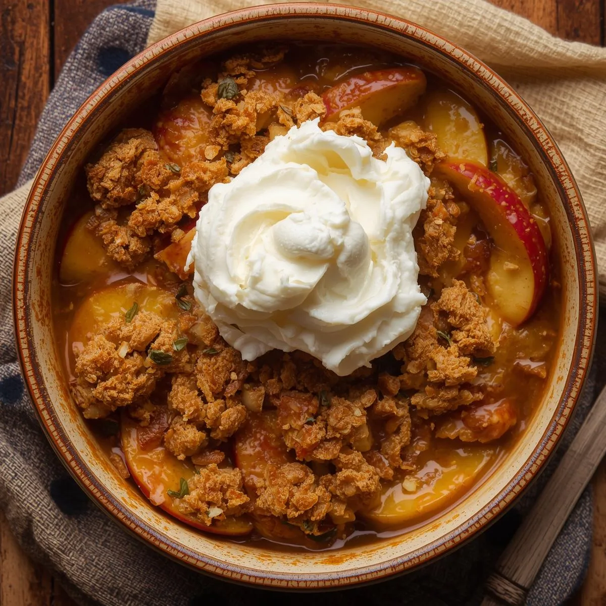 A rustic serving of apple crisp with a dollop of whipped cream on top