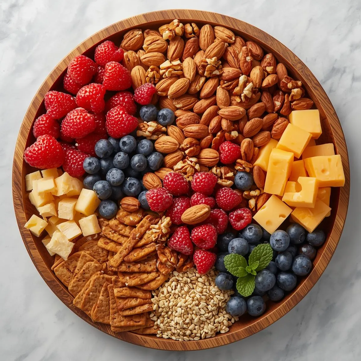 A rustic tray with a mix of healthy snacks—fruit, nuts, cheese cubes, and crackers