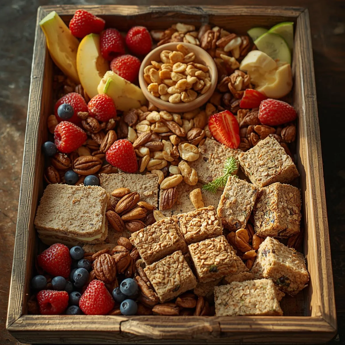 A rustic wooden tray with homemade snacks—fruit slices, nuts, granola bars, and mini sandwiches