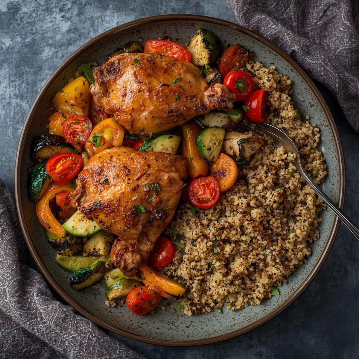 A vibrant one-pan dinner with chicken, roasted vegetables, and quinoa on a rustic plate