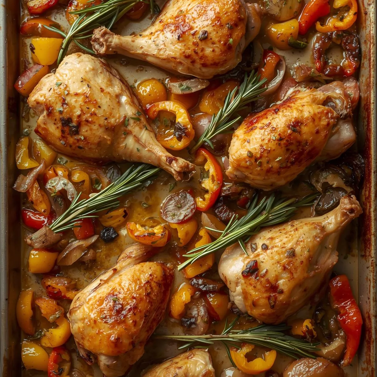A sheet pan with roasted chicken, vegetables, and herbs straight from the oven
