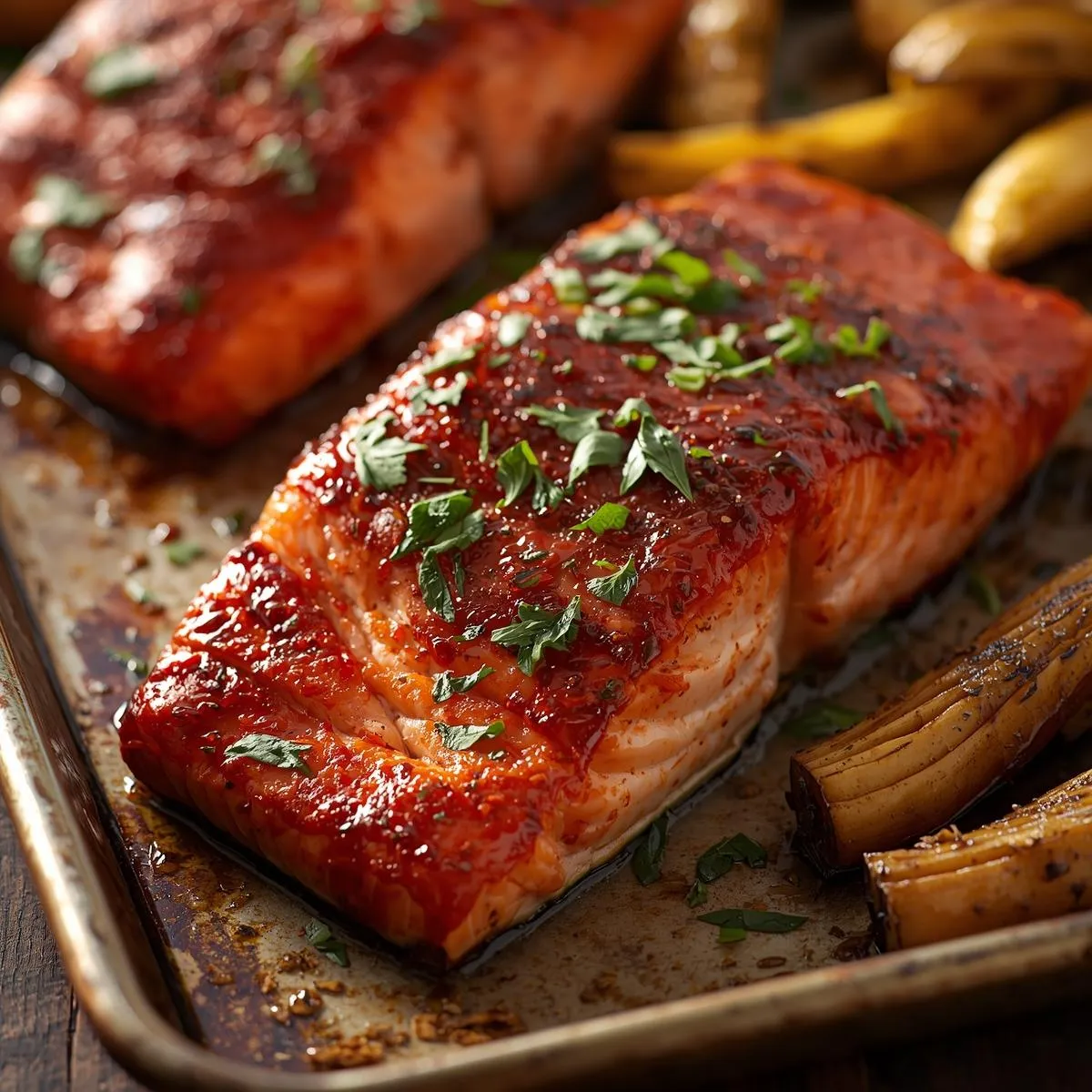 Baked Cajun Salmon on a sheet pan, fresh out of the oven, ready to be plated