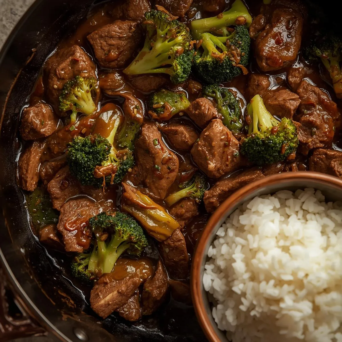 Beef and broccoli skillet with steamed rice