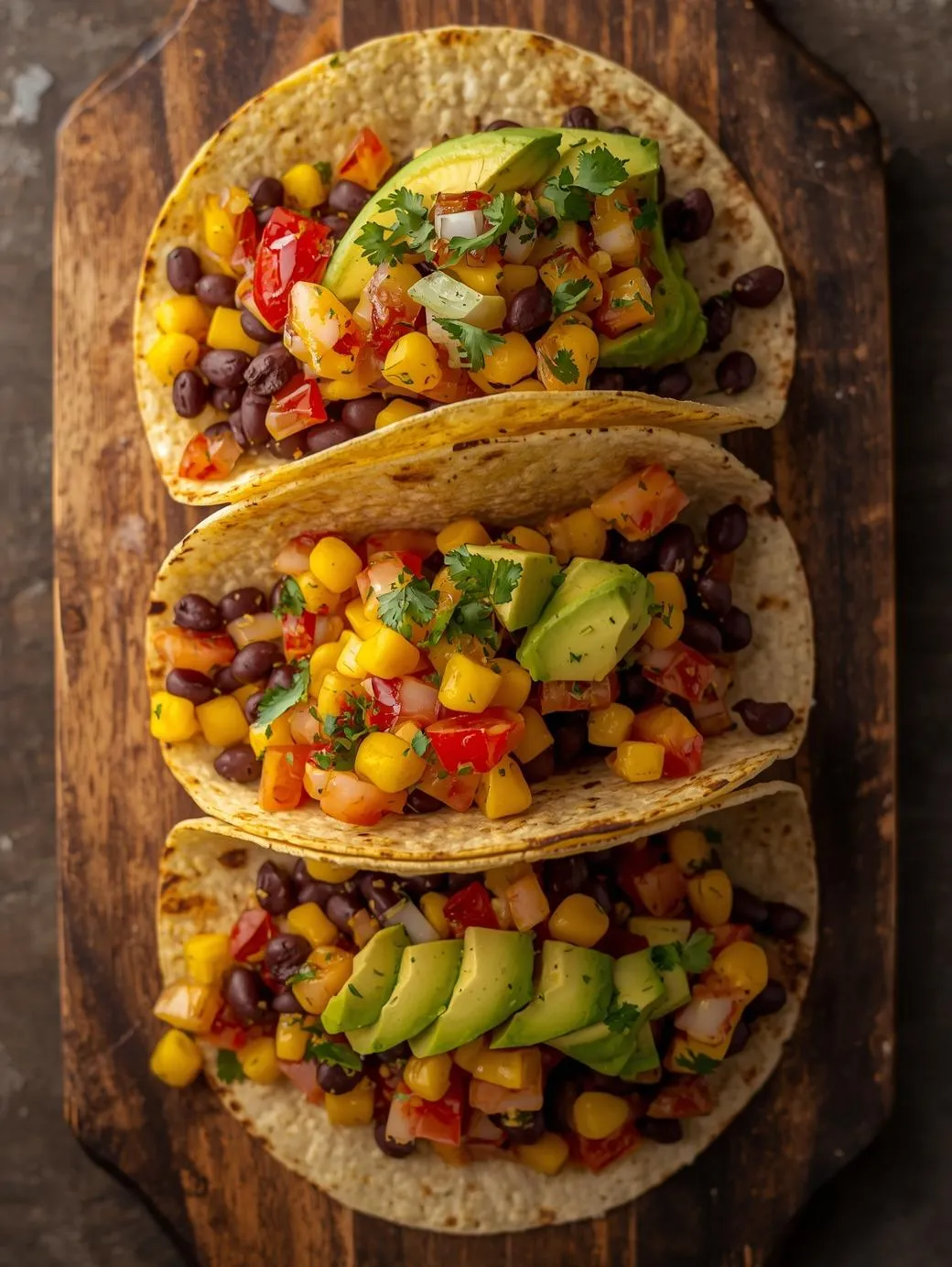 Black bean tacos topped with corn salsa and avocado slices served on a rustic wooden board