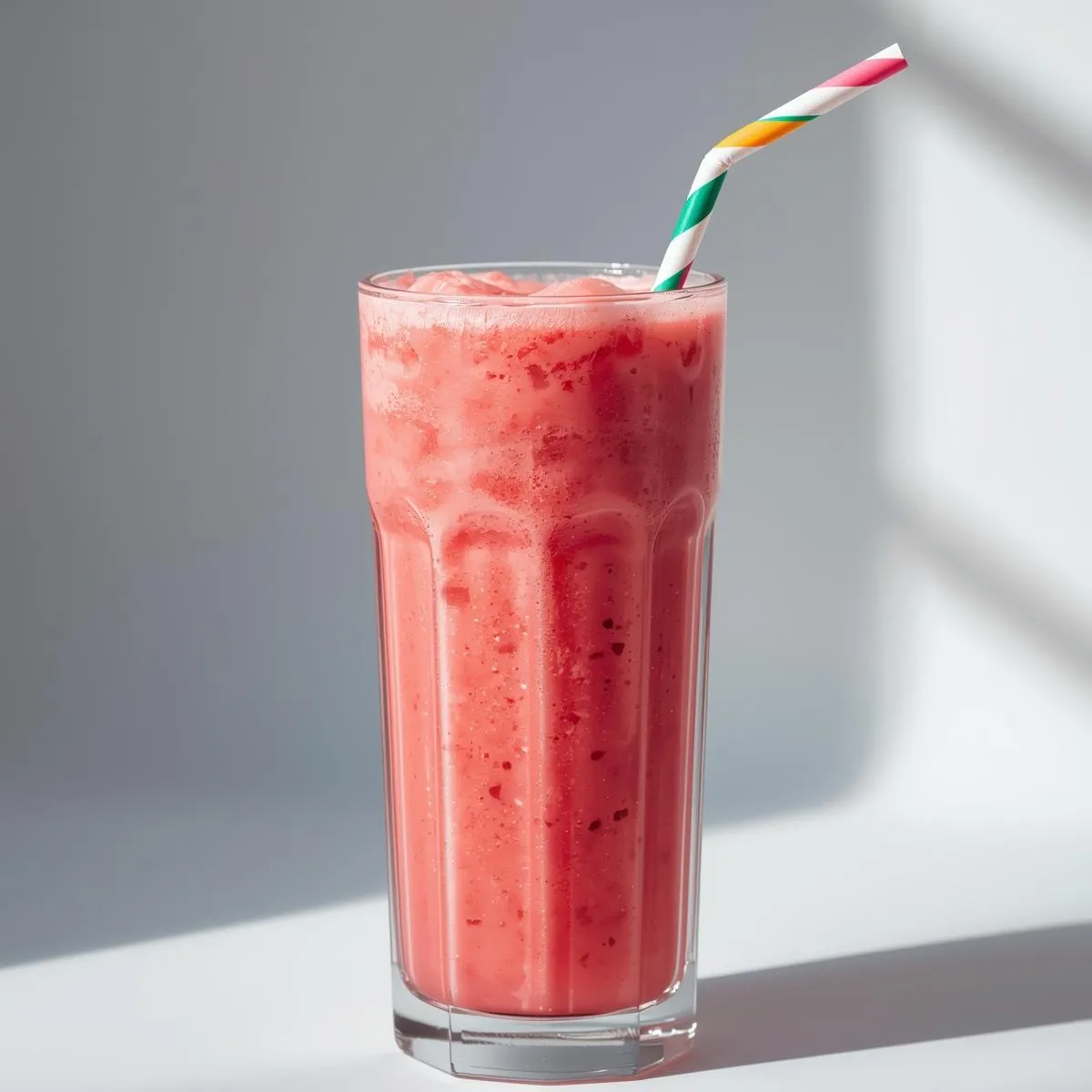 Bright pink watermelon smoothie in a tall glass with a straw