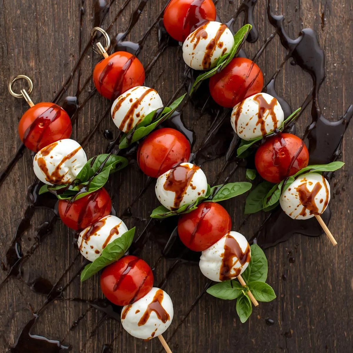 Caprese skewers on a wooden board drizzled with balsamic glaze