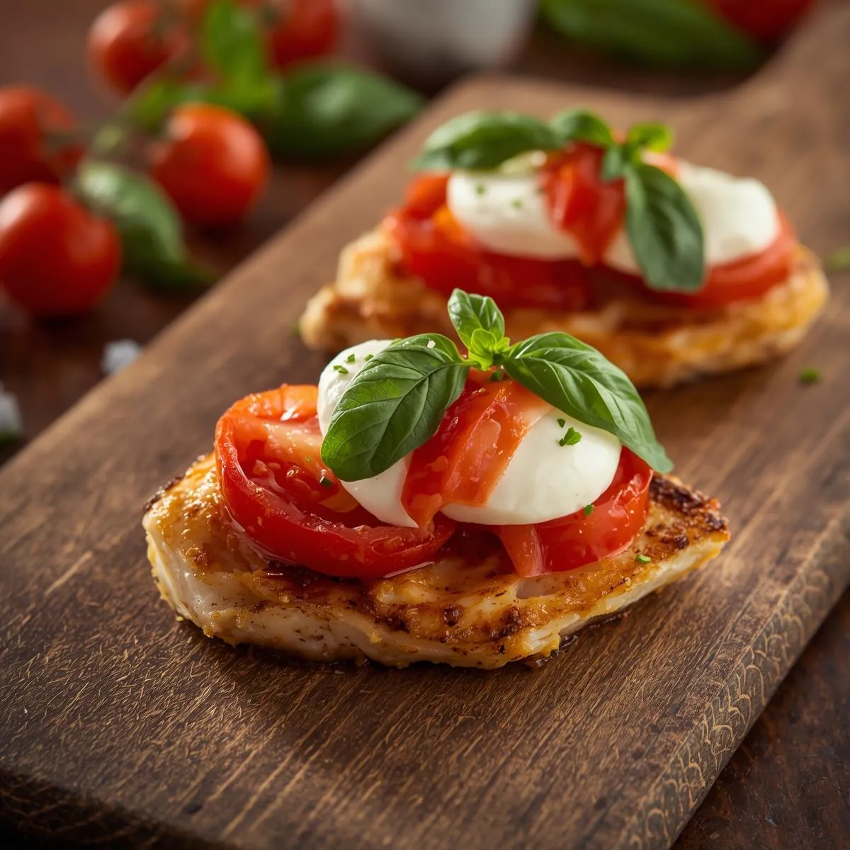 Caprese chicken plated with cherry tomatoes, mozzarella, and basil on a rustic wooden board