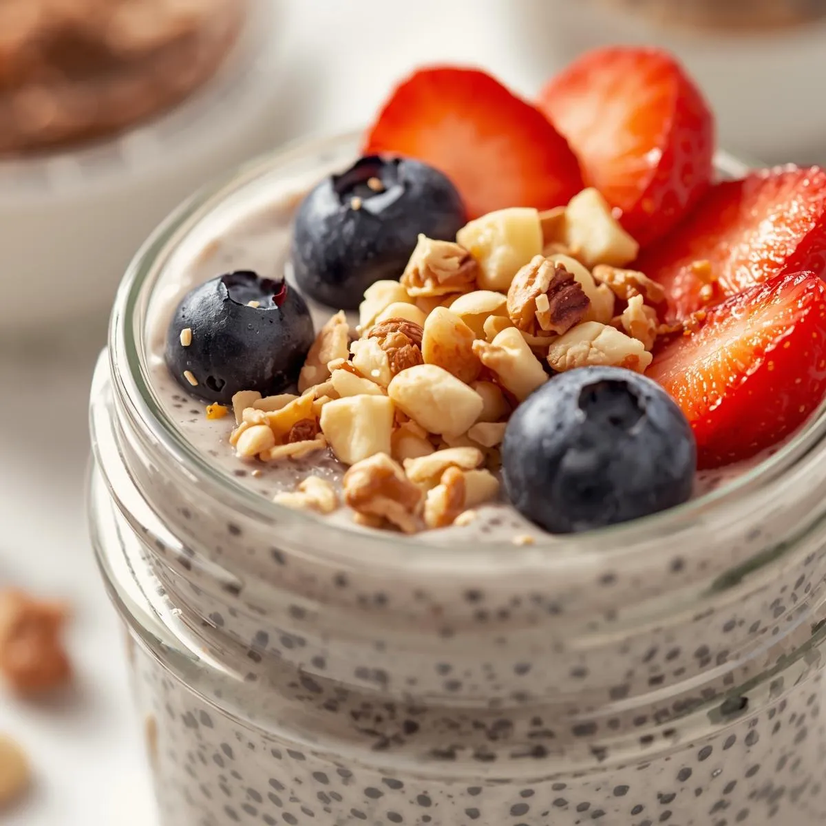Chia pudding in a glass jar topped with blueberries, strawberries, and chopped nuts