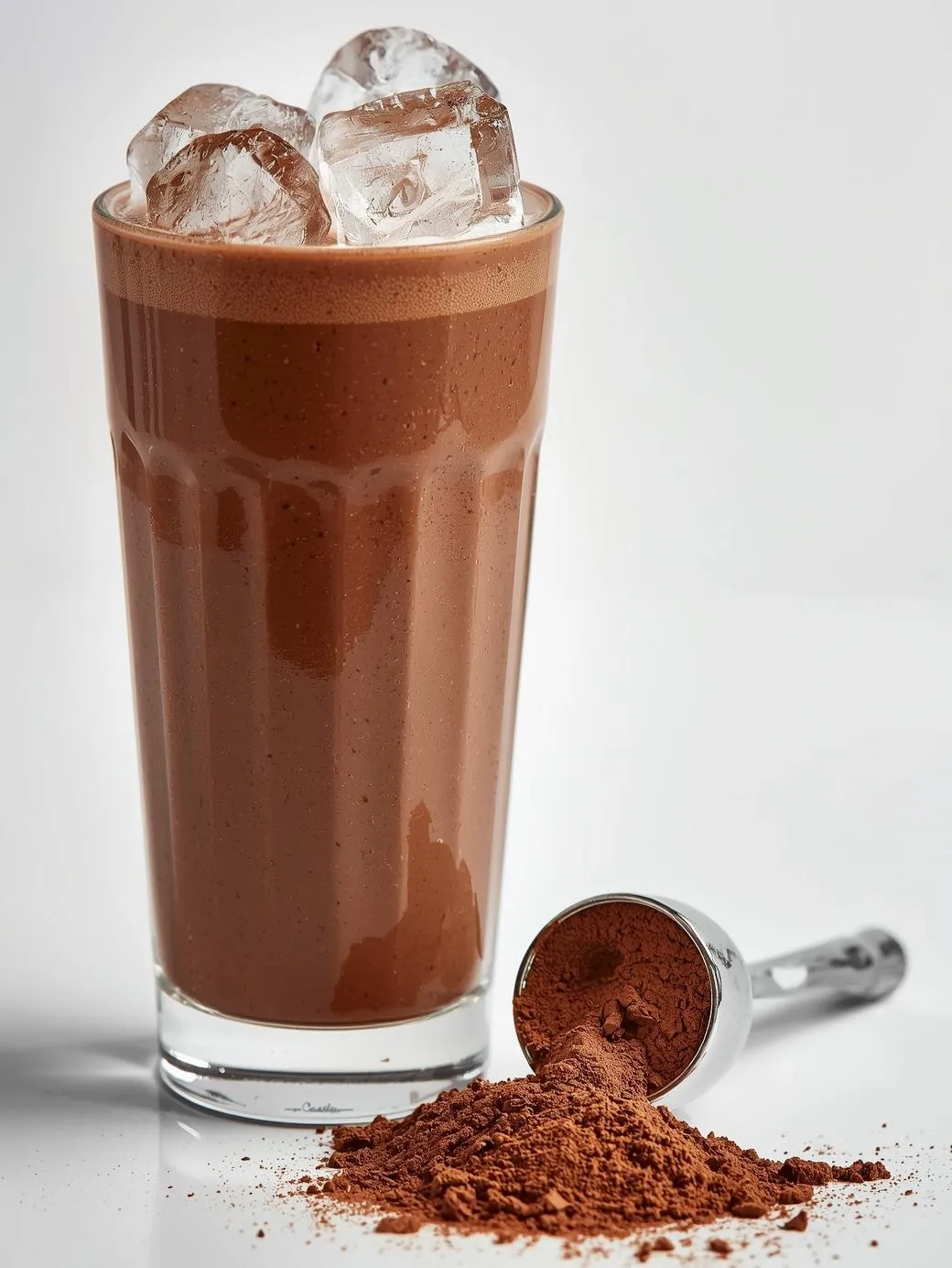 Chocolate protein shake in a tall glass with ice cubes and a scoop of protein powder beside it
