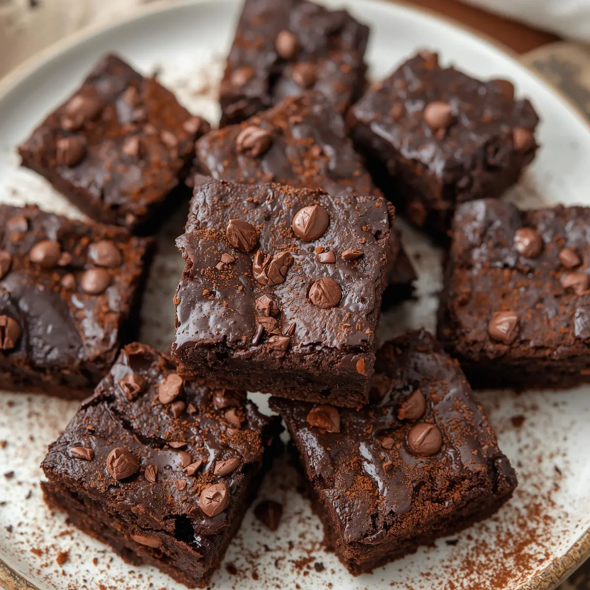 Chocolate protein brownies on a plate with a dusting of cocoa powder