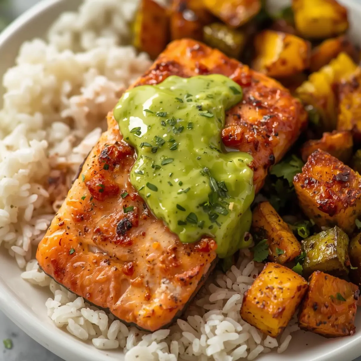 Close-up of Baked Cajun Salmon topped with avocado lime sauce, served with rice and roasted vegetables