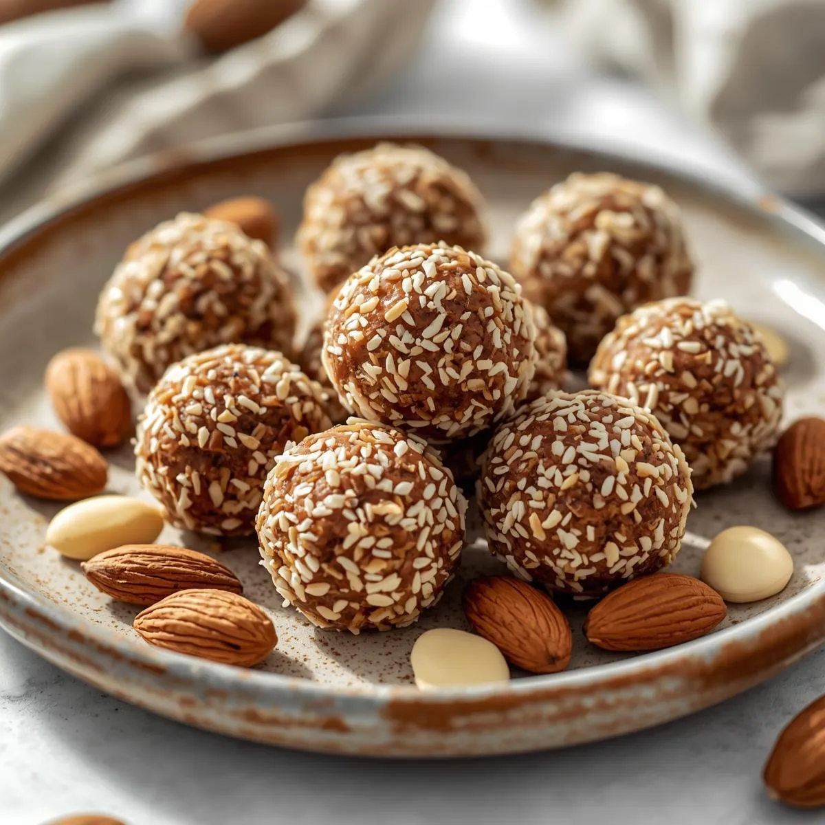 Coconut energy balls arranged on a plate with a few whole nuts