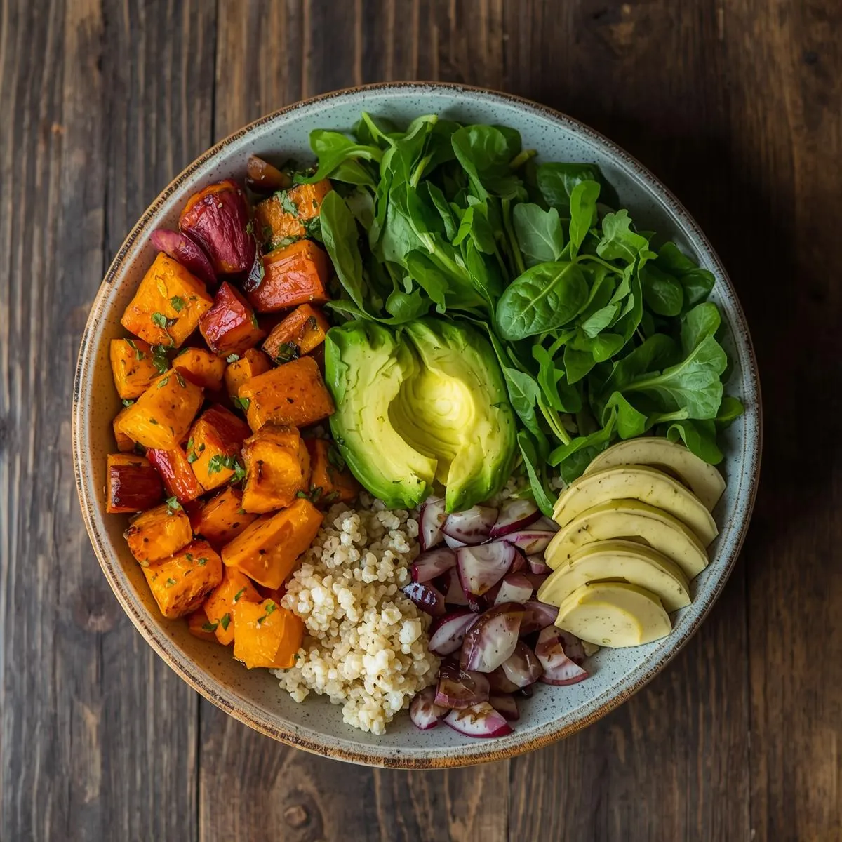 Colorful vegetarian Buddha bowl with roasted vegetables, quinoa, avocado, and leafy greens