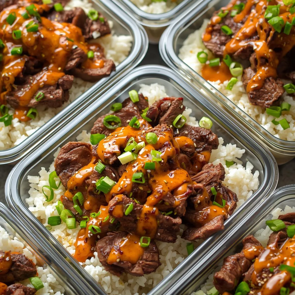 Completed Korean BBQ Steak Rice Bowls with spicy cream sauce in meal prep containers ready to eat