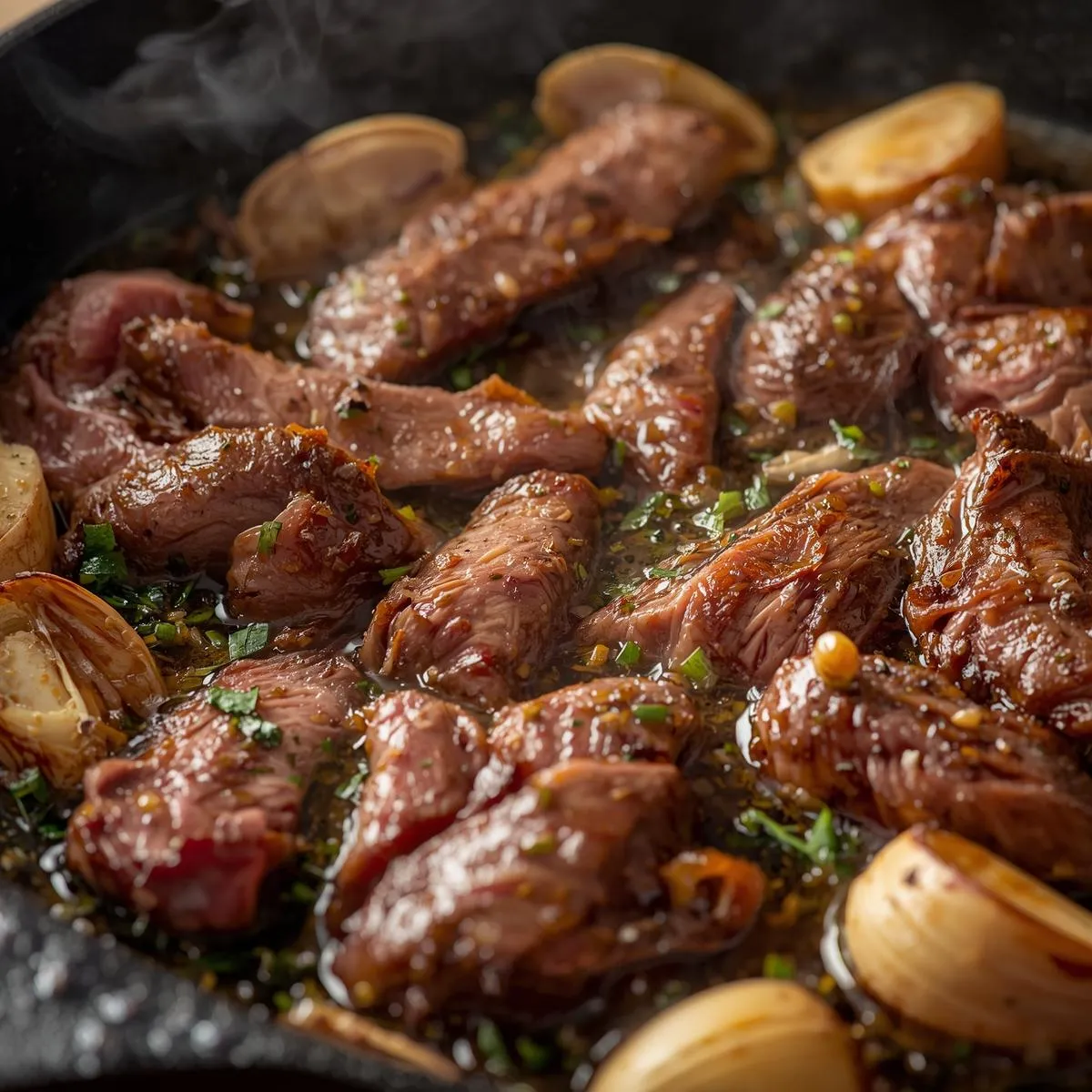 Cooking steak slices in a skillet, sizzling with garlic and marinade
