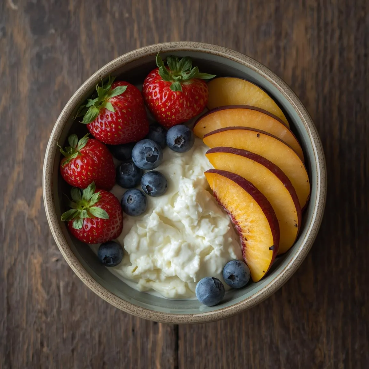 Cottage cheese bowl topped with fresh berries and peach slices