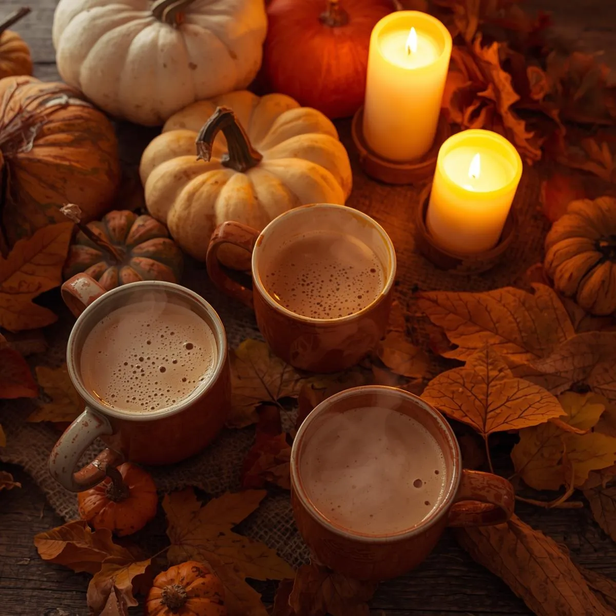 Cozy autumn table with three fall drinks, pumpkins, candles, and seasonal décor
