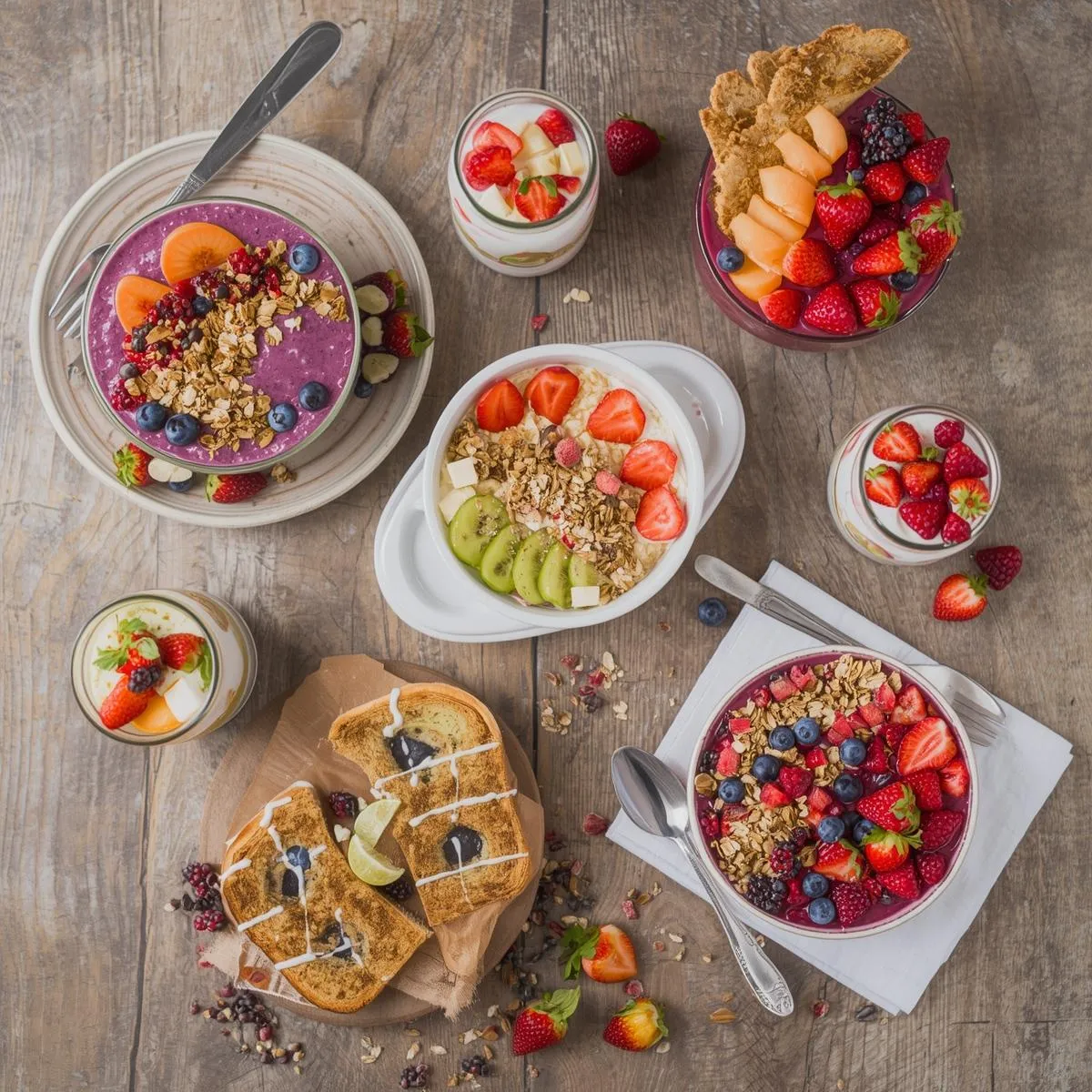 Flat lay of colorful smoothie bowls, toast, and yogurt parfaits on a rustic wooden table