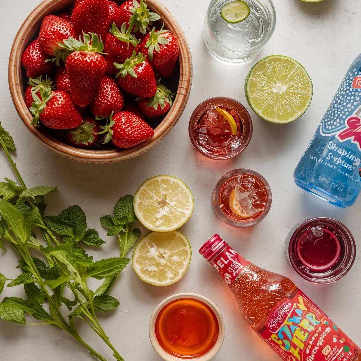  non-alcoholic drinks: fresh fruits, herbs, sparkling water, and syrups.