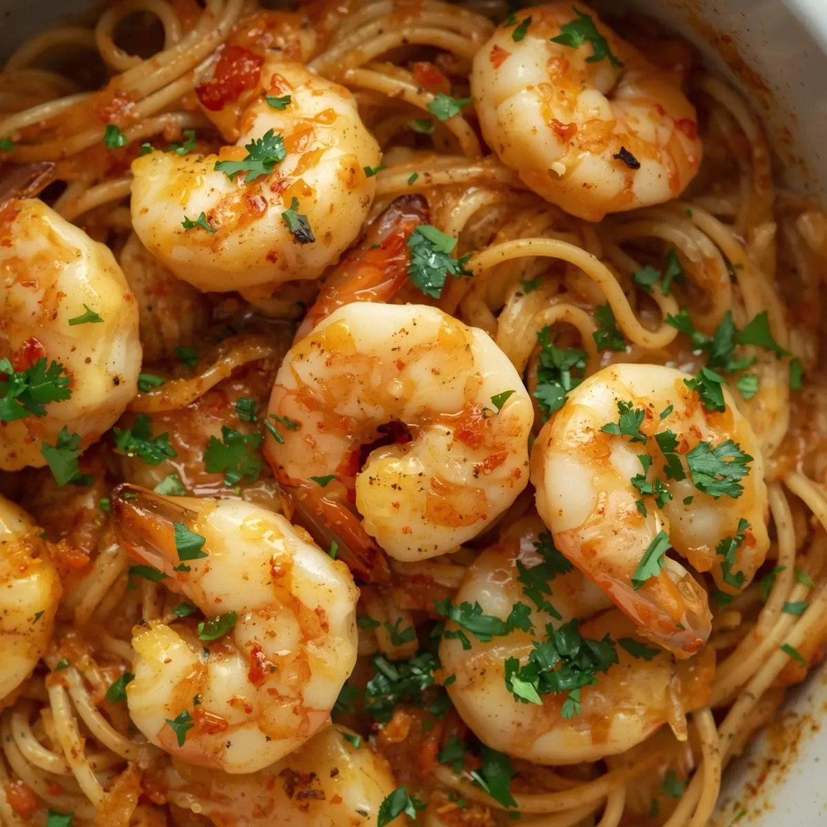 Garlic butter shrimp pasta garnished with parsley in a white bowl