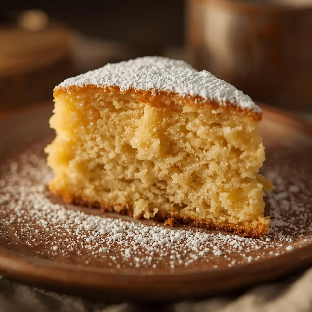 Golden vanilla cake slice with powdered sugar dusting, rustic plate, warm light