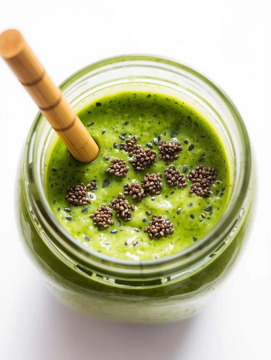 Green smoothie with chia seeds and a bamboo straw in a glass jar
