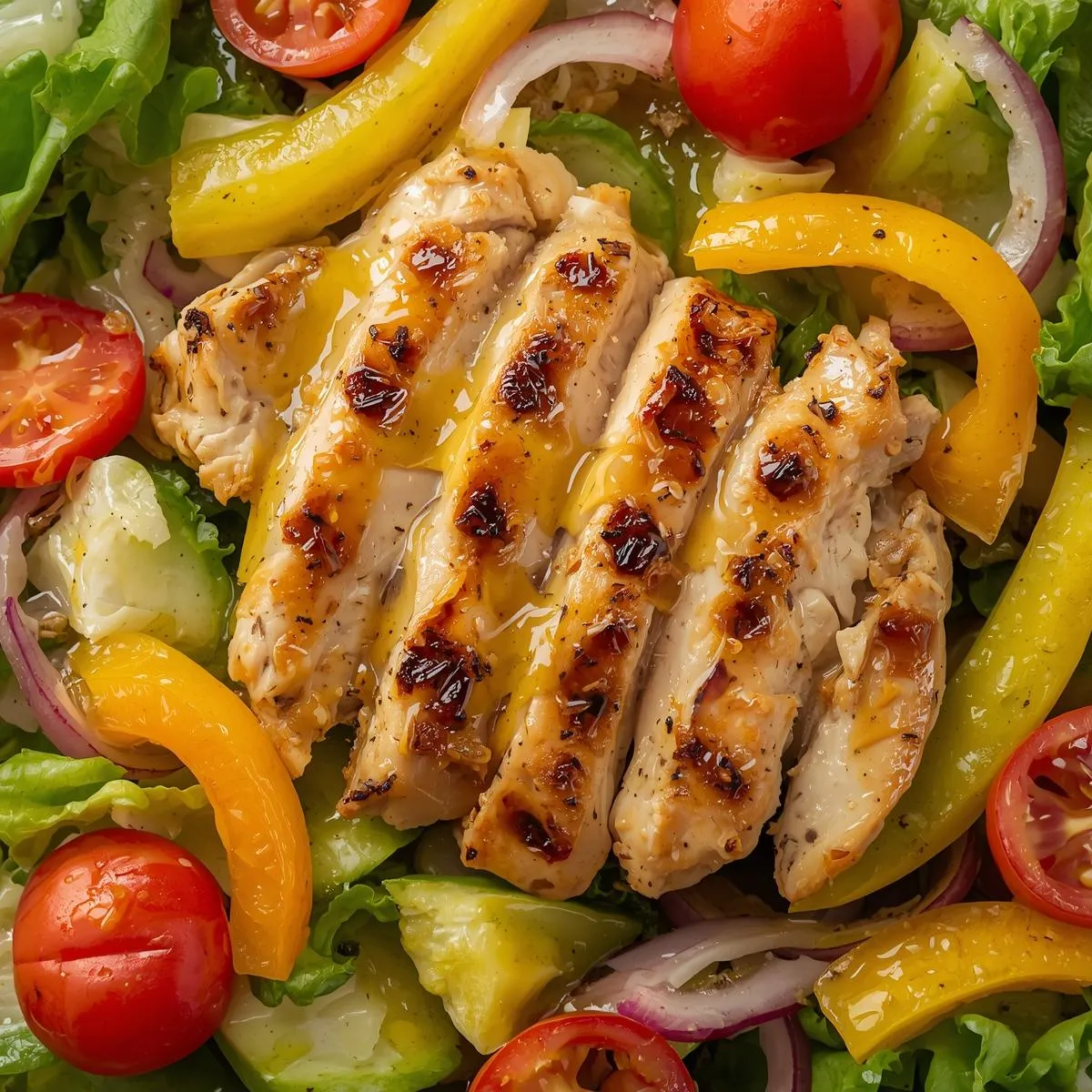 Grilled chicken salad with colorful vegetables and lemon vinaigrette