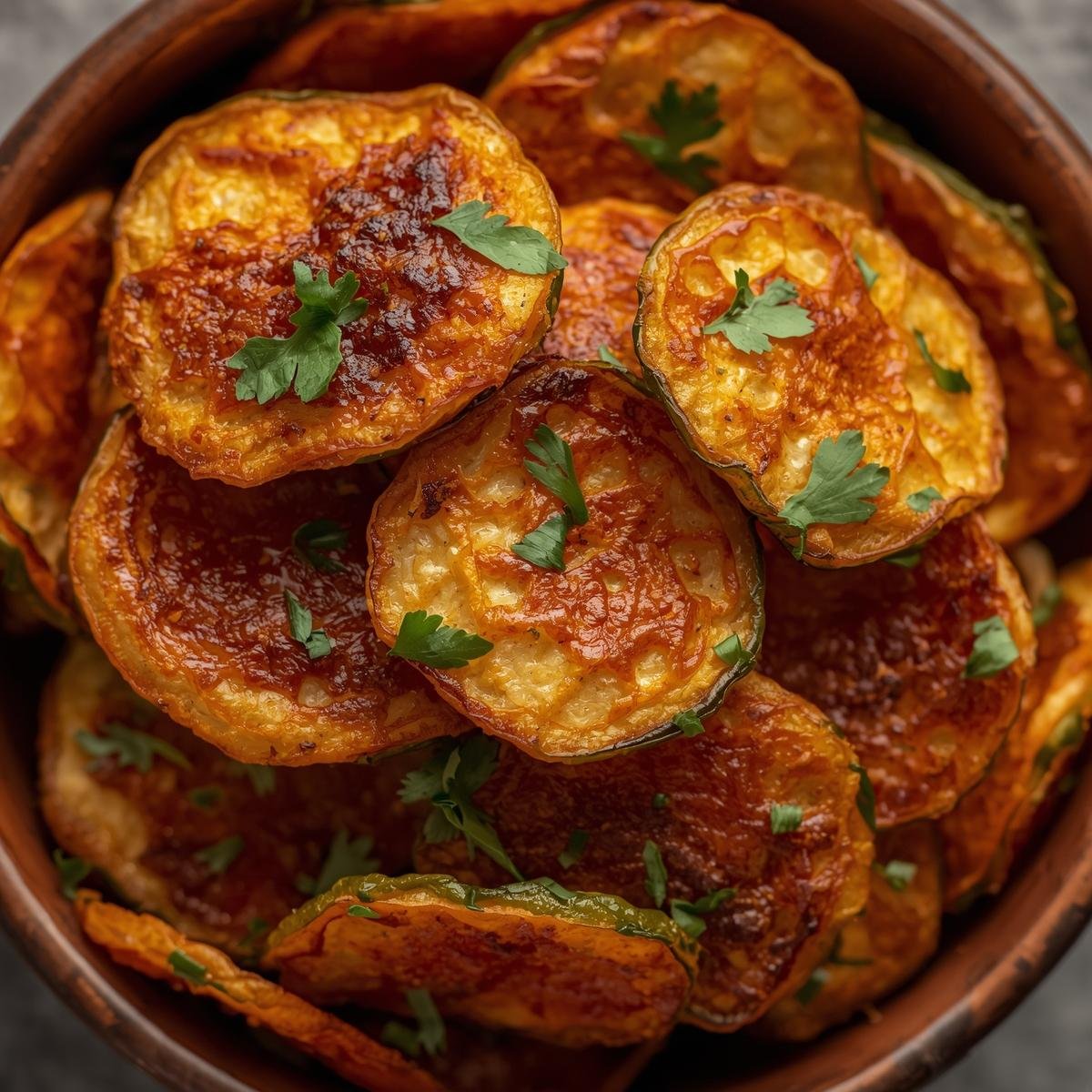 Homemade crispy veggie chips in a small bowl, garnished with herbs