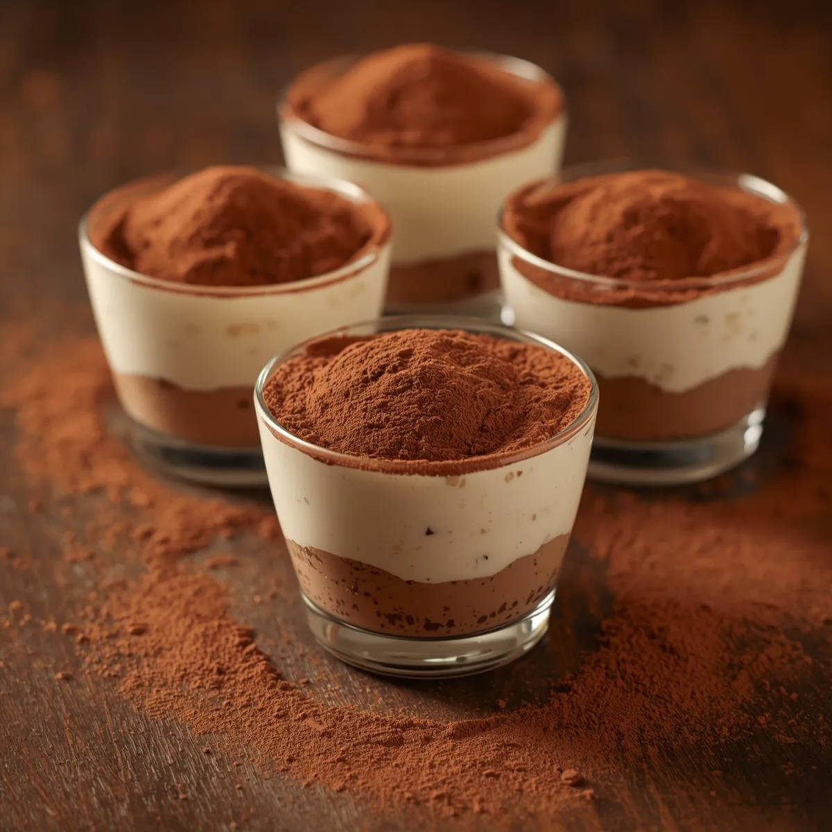Individual tiramisu cups with cocoa powder