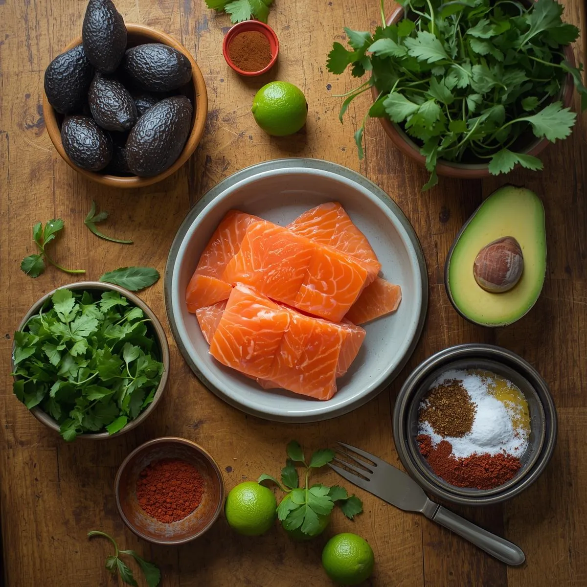 Ingredients for Cajun salmon and avocado lime sauce neatly arranged on a wooden table