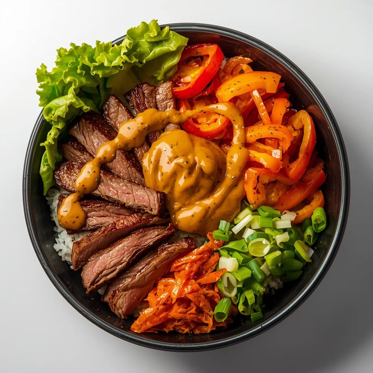 Ingredients for Korean BBQ Steak Rice Bowls with Spicy Cream Sauce neatly arranged.