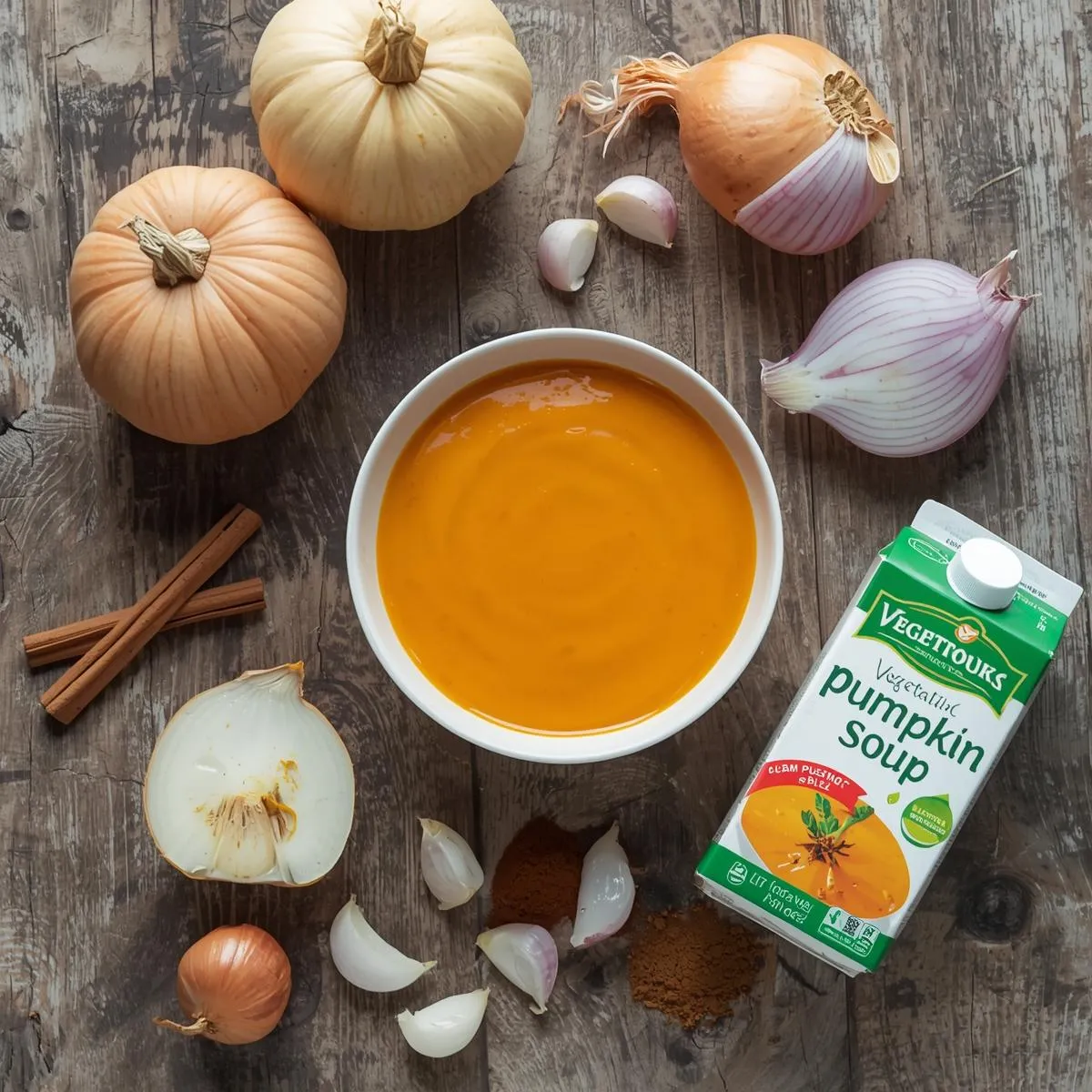 Ingredients for creamy pumpkin soup displayed on a rustic wooden surface with pumpkin purée, onions, garlic, broth, and spices