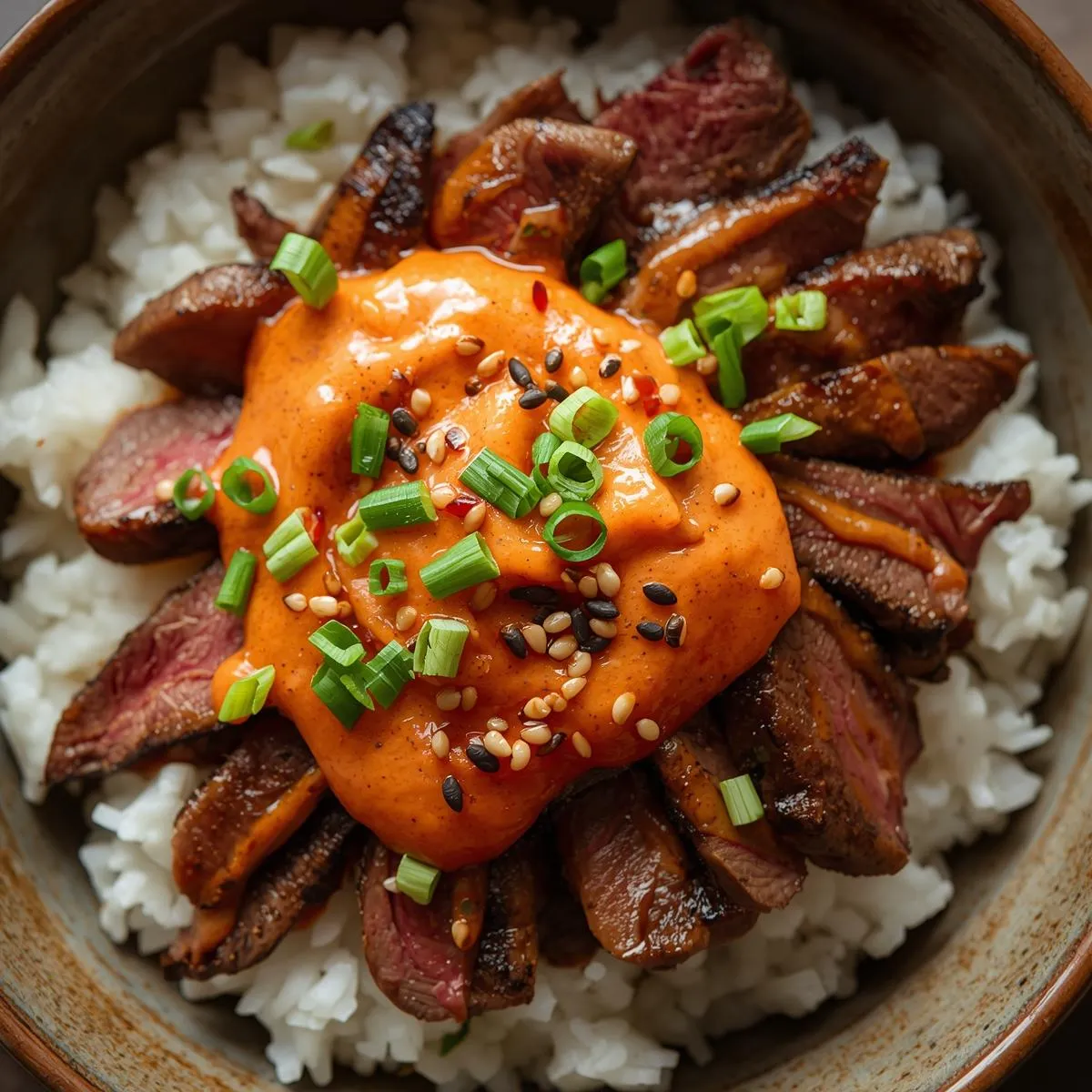 Korean BBQ Steak Rice Bowls with spicy cream sauce served in a bowl, garnished with green onions and sesame seeds