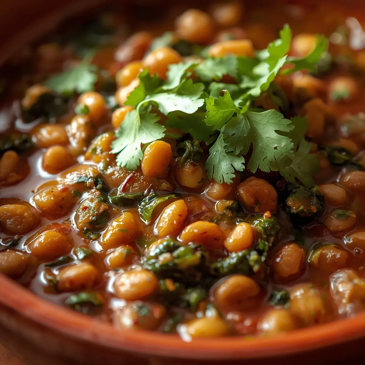 Lentil and spinach curry in a bowl garnished with fresh cilantro