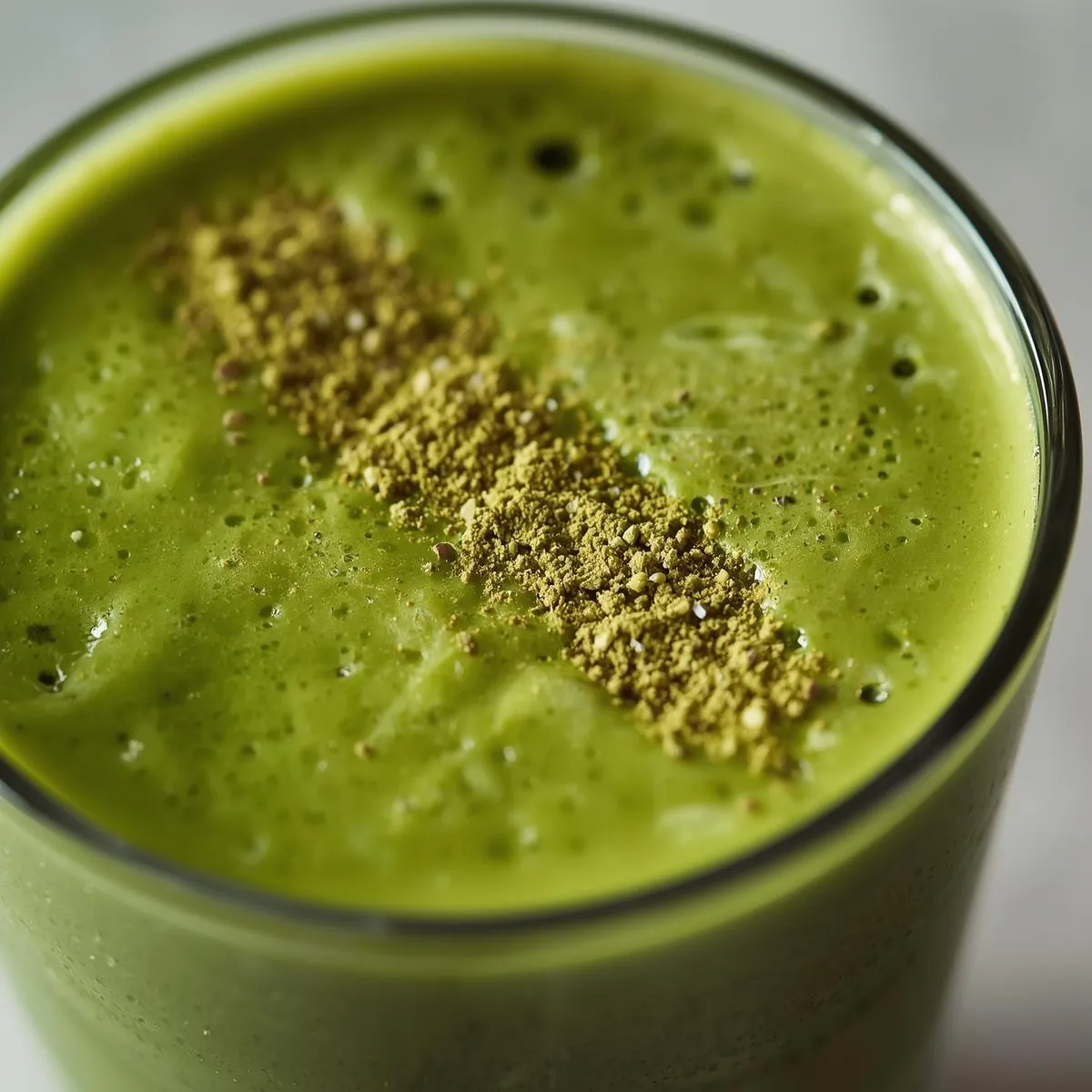 Matcha green smoothie in a glass with matcha powder sprinkled on top
